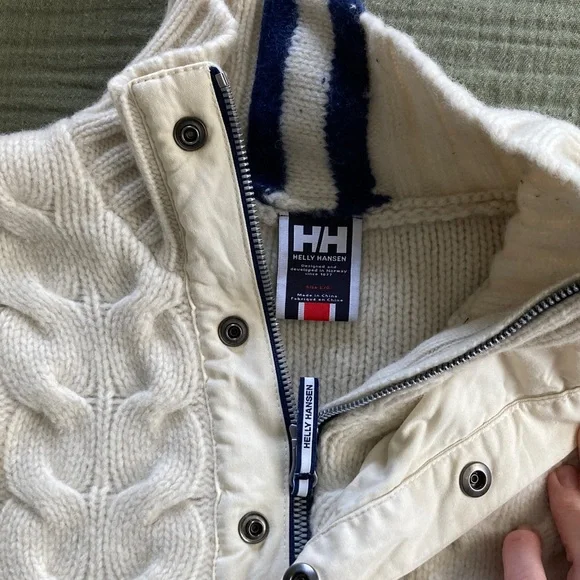 Helly Hansen Wool Cream white Cable Knit collared Sweater L - Picture 2 of 5